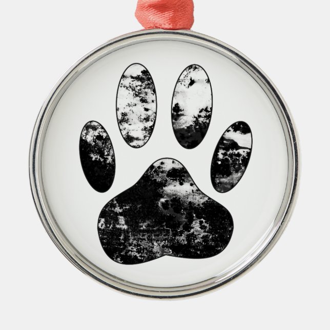 Black and White Grunge Dog Paw Print Metal Tree Decoration (Front)