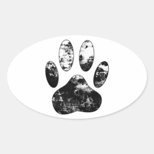 Black and White Grunge Dog Paw Print Oval Sticker
