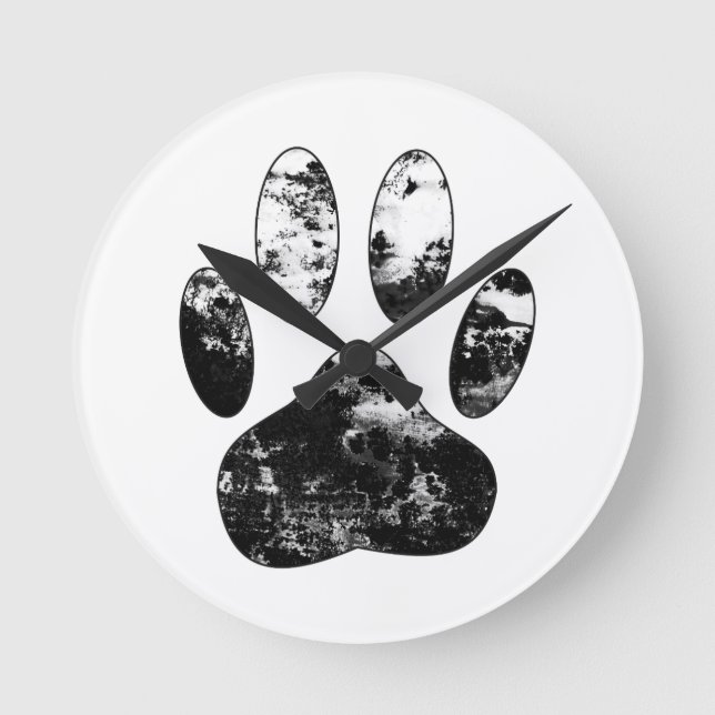 Black and White Grunge Dog Paw Print Round Clock (Front)