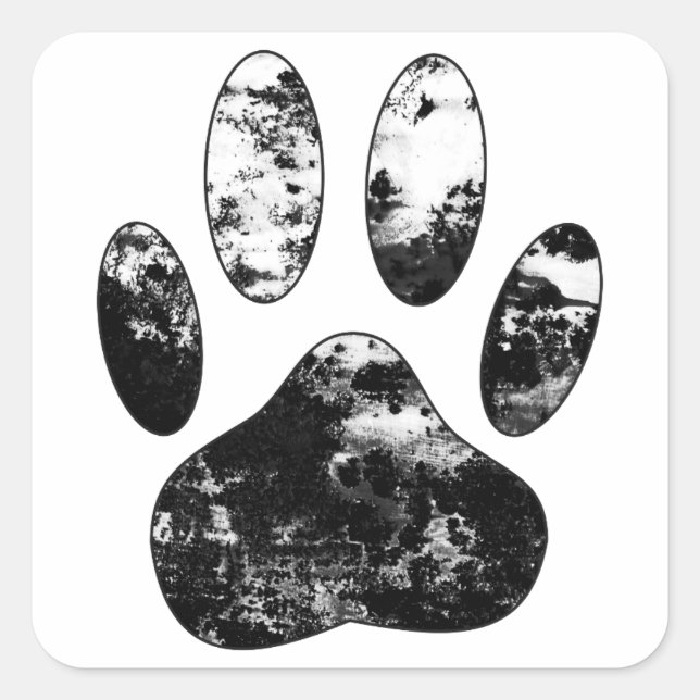 Black and White Grunge Dog Paw Print Square Sticker (Front)