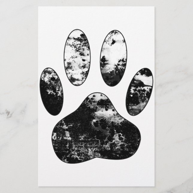 Black and White Grunge Dog Paw Print Stationery (Front)