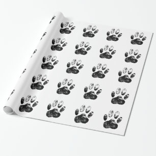 Black and White Grunge Dog Paw Print Wrapping Paper