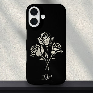 Black and White Grunge Stamp Roses Initials iPhone 16 Case