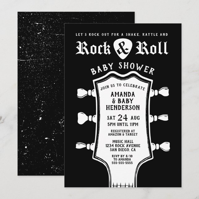 Black and White Guitar Baby Shower Invitation (Front/Back)
