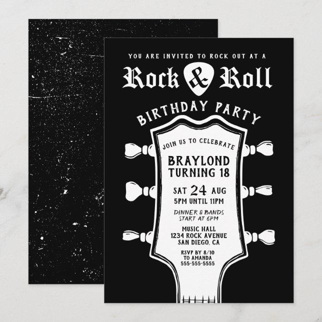Black and White Guitar Birthday Invitation (Front/Back)