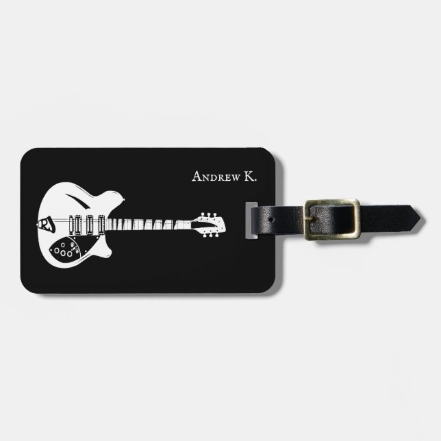 Black and white guitar, guitarist travel  luggage tag (Front Horizontal)