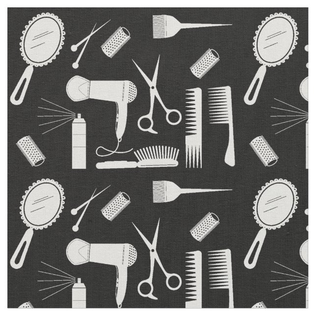 black and white hairstylist pattern fabric (Close Up)