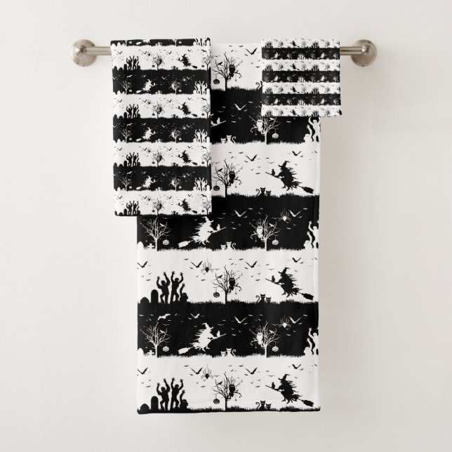 Black and White Halloween Nightmare Stripes Bath Towel Set (Insitu)