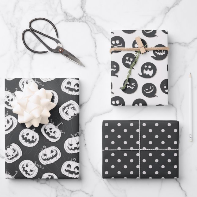 Black and White Halloween Pumkin Ghost  Wrapping Paper Sheet (Front)