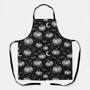 Black and White Halloween Pumpkin, Bat, Spiderweb Apron