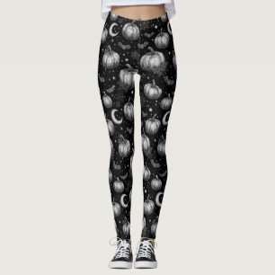 Black and White Halloween Pumpkin, Bat, Spiderweb Leggings