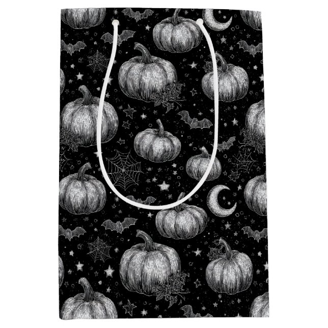 Black and White Halloween Pumpkin, Bat, Spiderweb Medium Gift Bag (Front)