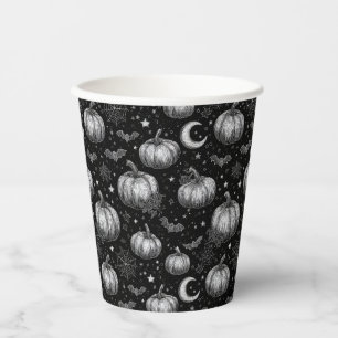 Black and White Halloween Pumpkin, Bat, Spiderweb Paper Cups