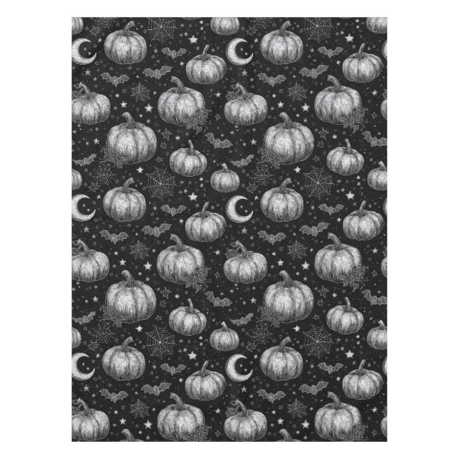 Black and White Halloween Pumpkin, Bat, Spiderweb Tablecloth (Front)
