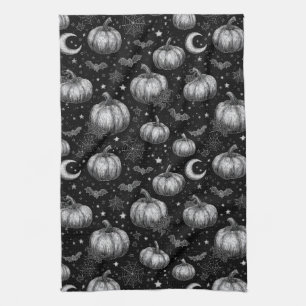 Black and White Halloween Pumpkin, Bat, Spiderweb Tea Towel