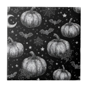 Black and White Halloween Pumpkin, Bat, Spiderweb Tile