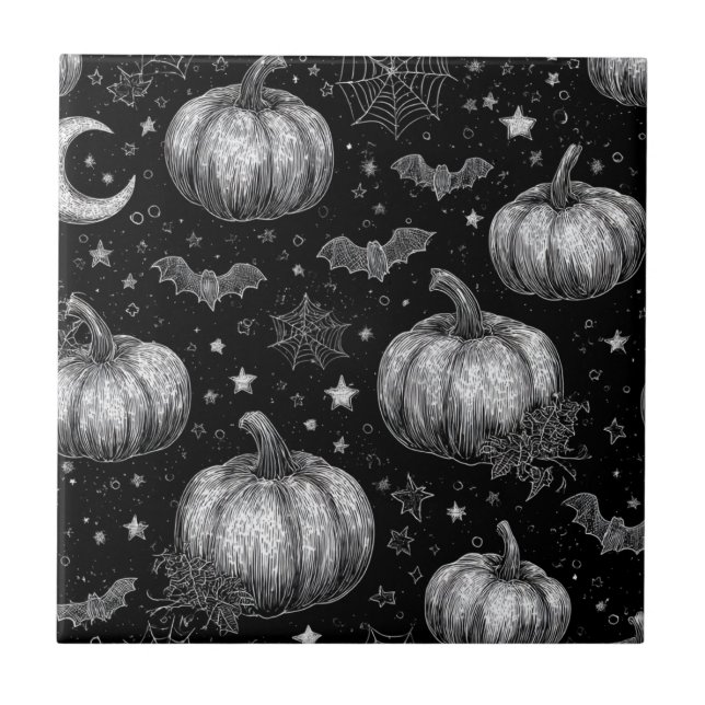 Black and White Halloween Pumpkin, Bat, Spiderweb Tile (Front)