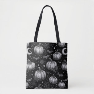 Black and White Halloween Pumpkin, Bat, Spiderweb Tote Bag