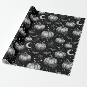 Black and White Halloween Pumpkin, Bat, Spiderweb Wrapping Paper