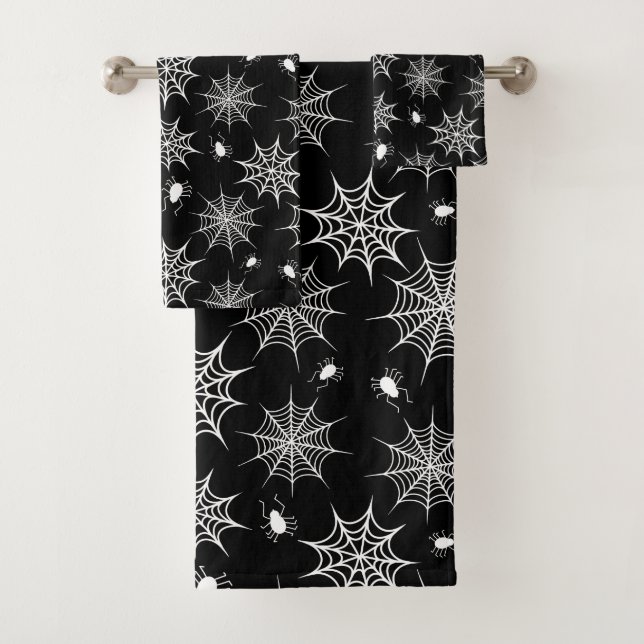 Black and White Halloween Spiders Cobwebs Bath Towel Set (Insitu)
