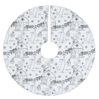 Black and white Hand drawn cats & Christmas tree Brushed Polyester Tree Skirt