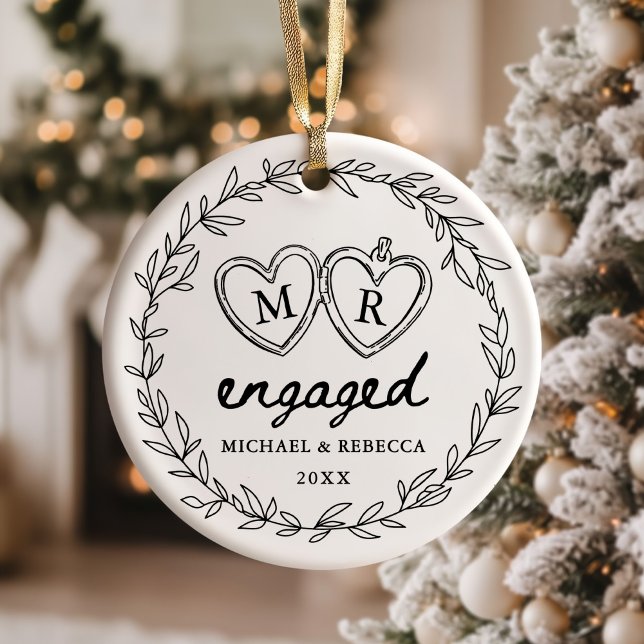 Black and White Hand Drawn Engaged Christmas Ceramic Tree Decoration (Creator Uploaded)
