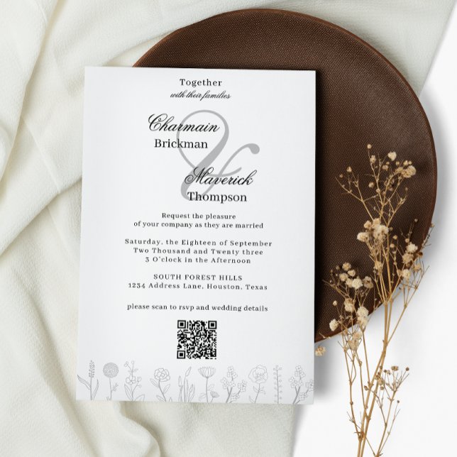 Black and White Hand Drawn Flower Qr Code Wedding Invitation (Creator Uploaded)