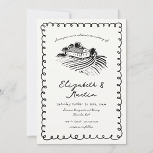 Black and White Hand Drawn Funky Vineyard Wedding Invitation