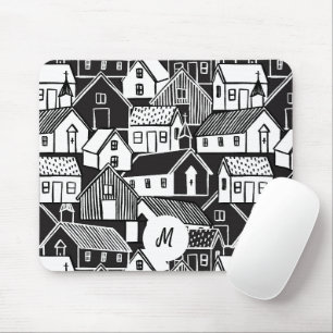 Black And White Hand Drawn Houses Monogram Mouse Mat