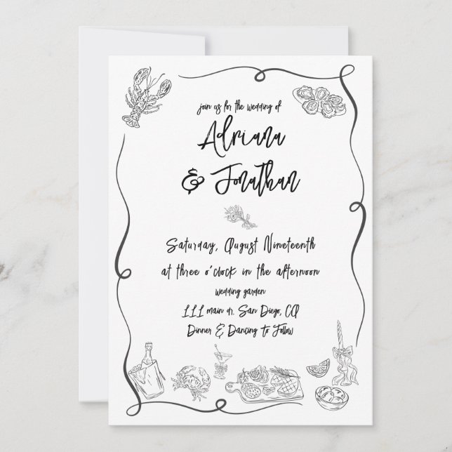 Black and White Hand Drawn Illustrations Wedding Invitation (Front)
