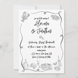 Black and White Hand Drawn Illustrations Wedding Invitation