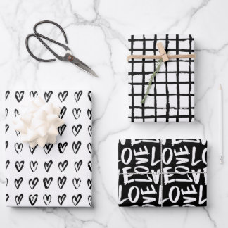 Black and White Hand Drawn Modern Hearts Love Wrapping Paper Sheet