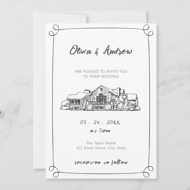 Black and White Hand Drawn Sketch Venue Wedding Invitation (Front)