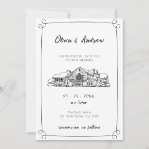 Black and White Hand Drawn Sketch Venue Wedding Invitation