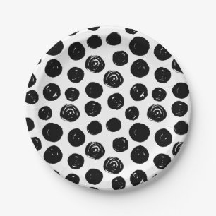 Black and white hand drawn watercolor polka dots paper plate