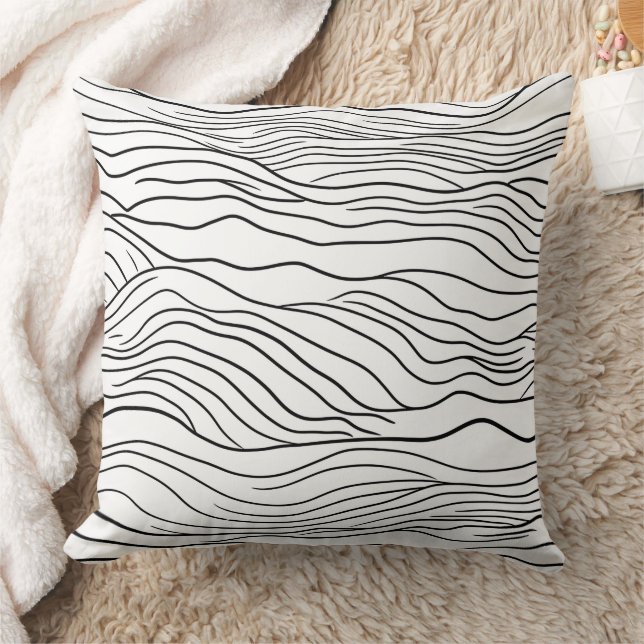 Black and White Hand-Drawn Wavy Line Pattern Cushion (Blanket)