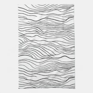 Black and White Hand-Drawn Wavy Line Pattern Tea Towel