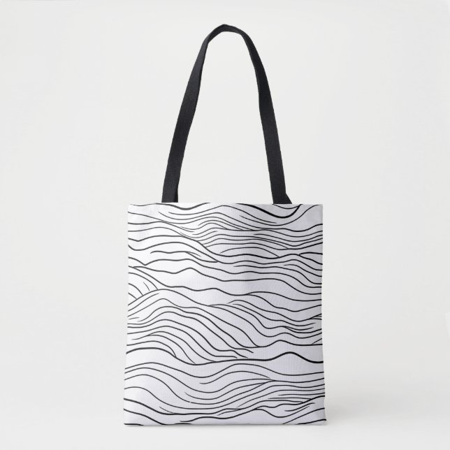 Black and White Hand-Drawn Wavy Line Pattern Tote Bag (Front)