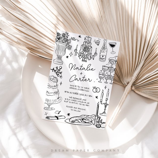 Black and White Hand Drawn Whimsical Wedding Invitation (Creator Uploaded)