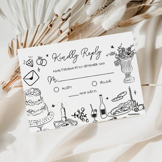 Black and White Hand Drawn Whimsical Wedding RSVP Enclosure Card (Creator Uploaded)