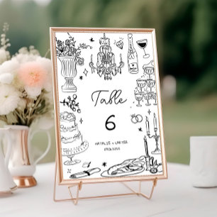 Black and White Hand Drawn Whimsical Wedding Table Number