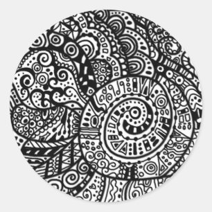 Black and white handpainted doodles classic round sticker