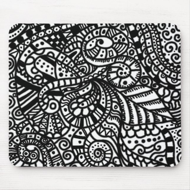 Black and white handpainted doodles mouse mat (Front)
