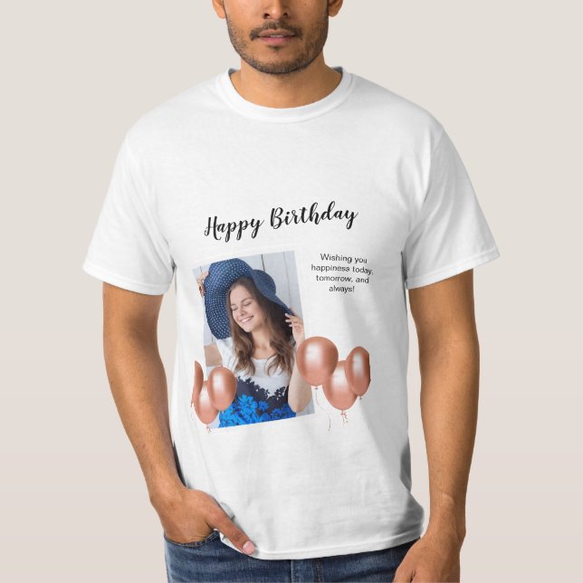 Black and White Happy Birthday Photo T-Shirt (Front)