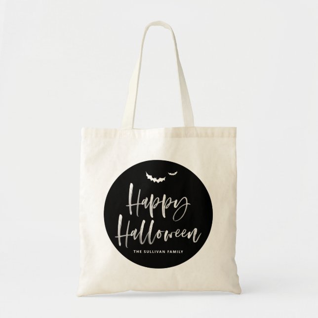 Black and White Happy Halloween Brush Calligraphy Tote Bag (Front)