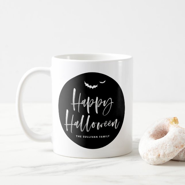 Black and White Happy Halloween Brush Lettering Coffee Mug (With Donut)