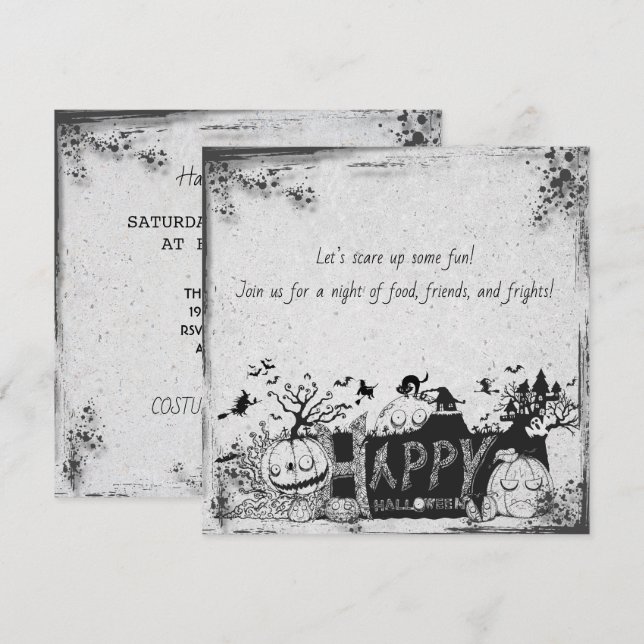 Black and White Happy Halloween Invitation (Front/Back)