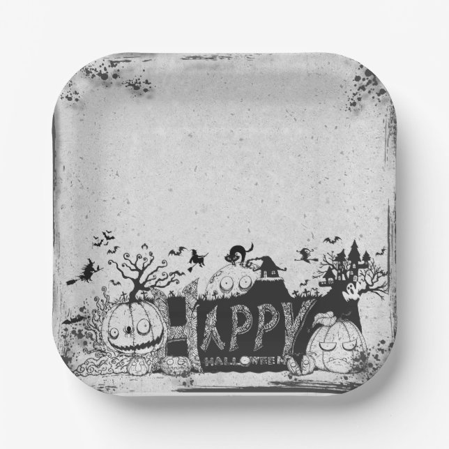 Black and White Happy Halloween Party Paper Plate (Front)