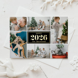 Black and White Happy New Year 2025 Photo Collage Foil Holiday Card