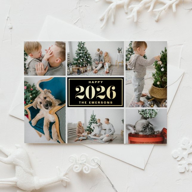 Black and White Happy New Year 2025 Photo Collage Foil Holiday Card (Send 2026 new year cheer with this customizable gold foil photo collage Happy New Year Card. )